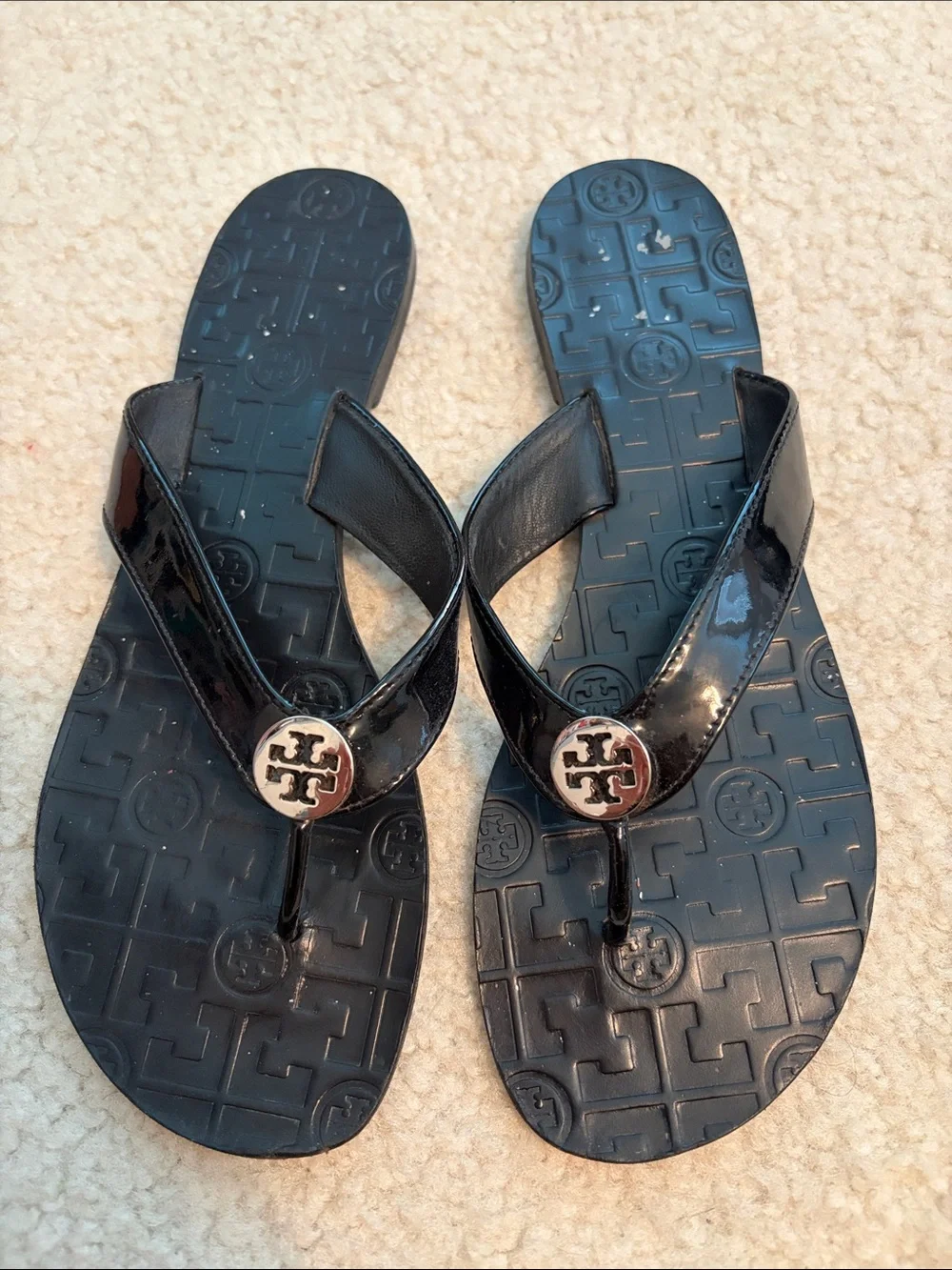 Tory Burch Black Patent Logo Thong Sandals size 9